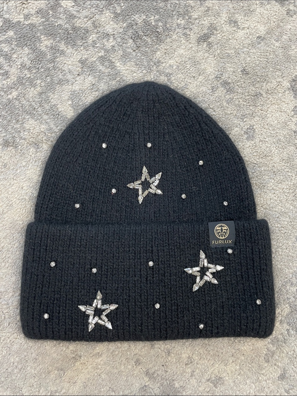 NWT Furlux C2391 Black Crystal Star Angora Nylon Knit Beanie Ski Hat - Picture 2 of 9